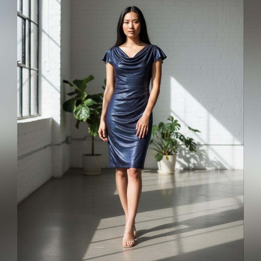 Tahari ASL Navy Blue Metallic Sequin Ruch Cowl Neck Dress Elegant Castlecore
